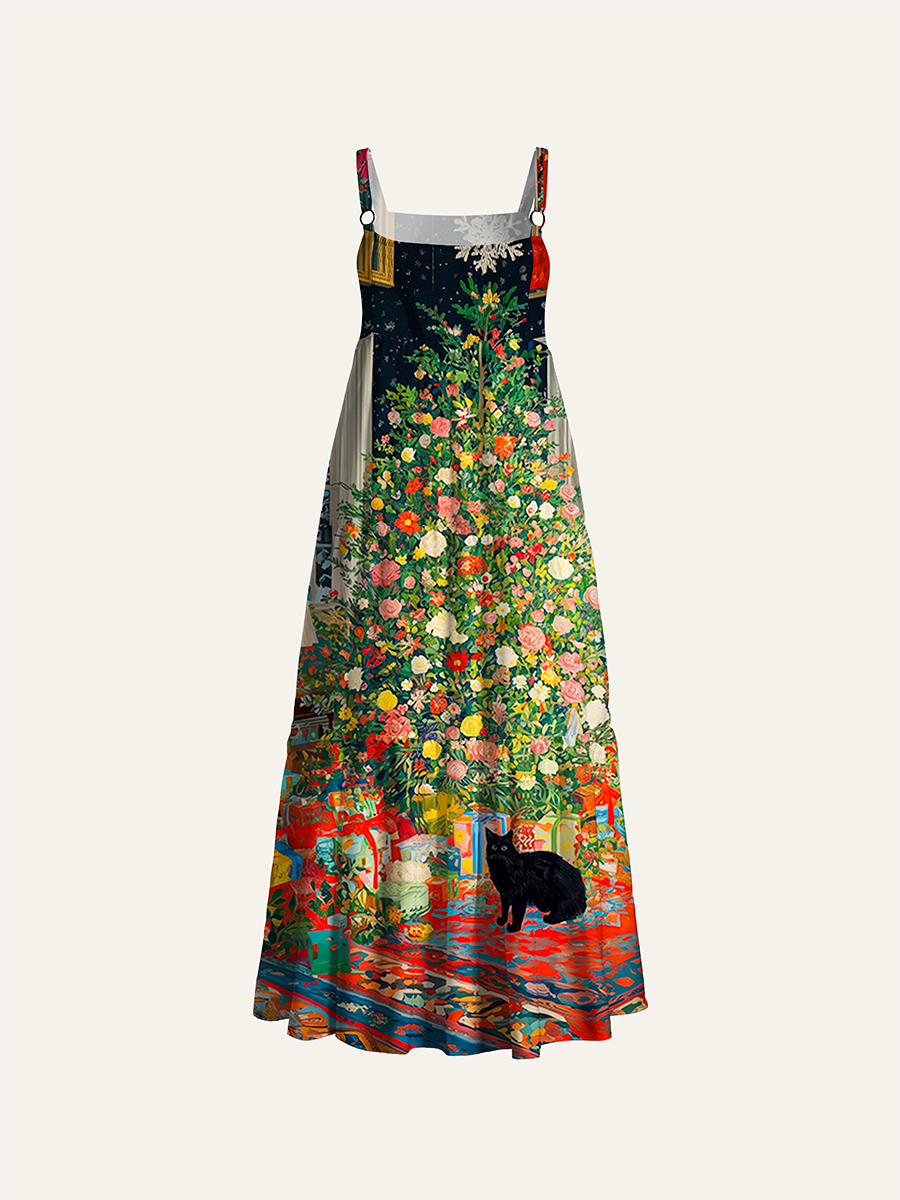 Floral Christmas Tree, Holiday Gifts, and Black Cat Indoor Scene Adjustable Wide Straps Maxi Dress