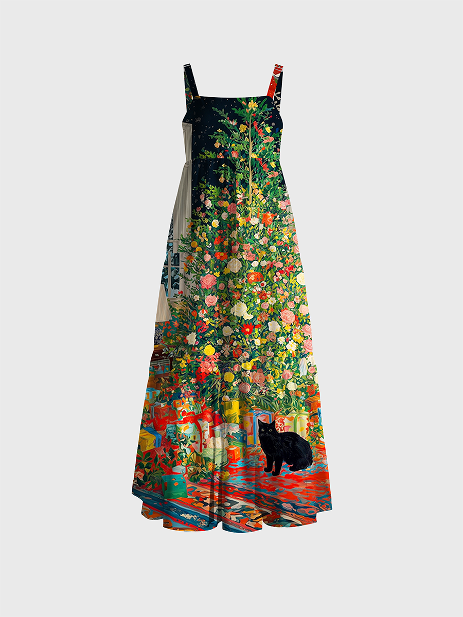 Floral Christmas Tree, Holiday Gifts, and Black Cat Indoor Scene Adjustable Wide Straps Maxi Dress