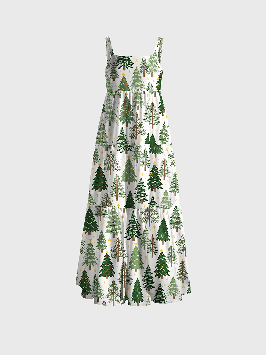 Christmas Trees and Stars Adjustable Wide Straps Maxi Dress