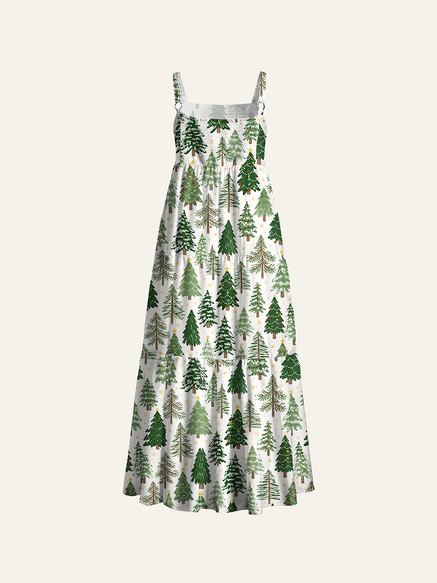 Christmas Trees and Stars Adjustable Wide Straps Maxi Dress