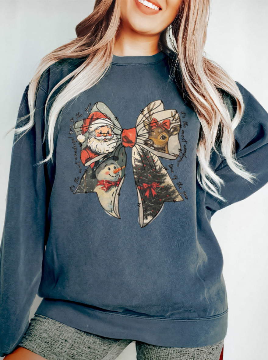 Vintage Christmas Cheer Bow Oversize Graphic Sweatshirt