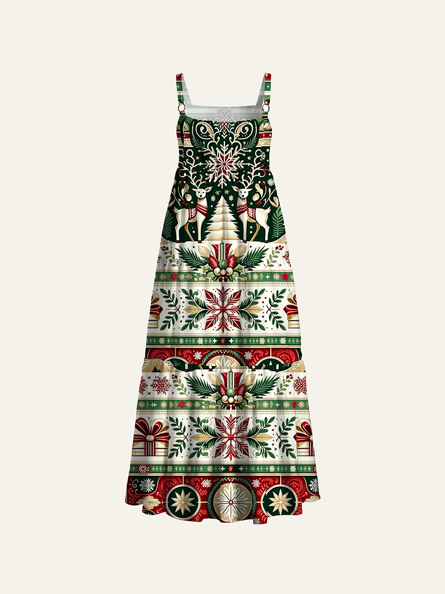 Classic Traditional Christmas Stripes And Reindeer Adjustable Wide Straps Maxi Dress