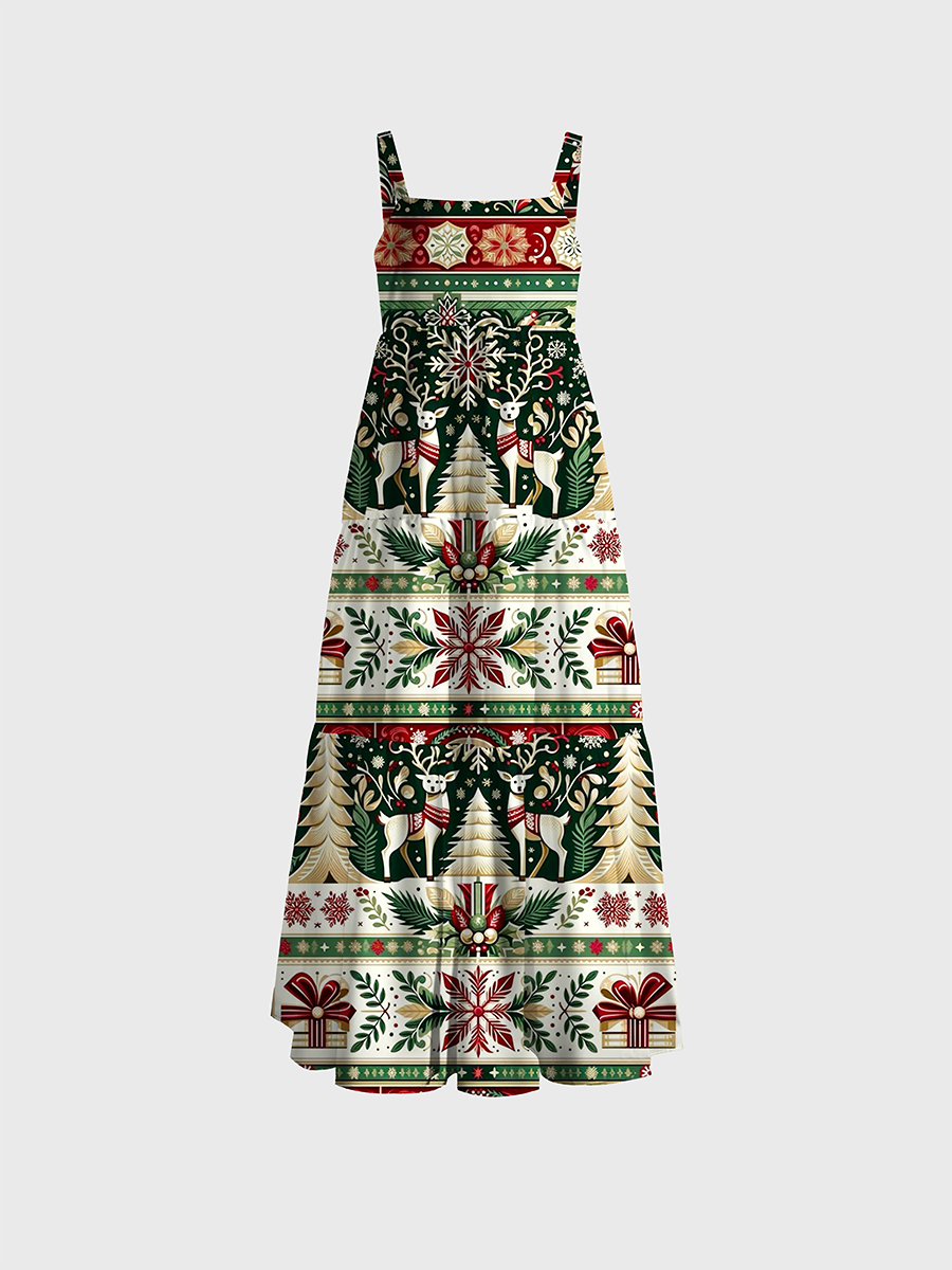 Classic Traditional Christmas Stripes And Reindeer Adjustable Wide Straps Maxi Dress