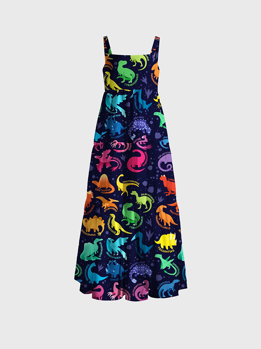 Colorful Cartoon Dinosaur Collection Adjustable Wide Straps Maxi Dress