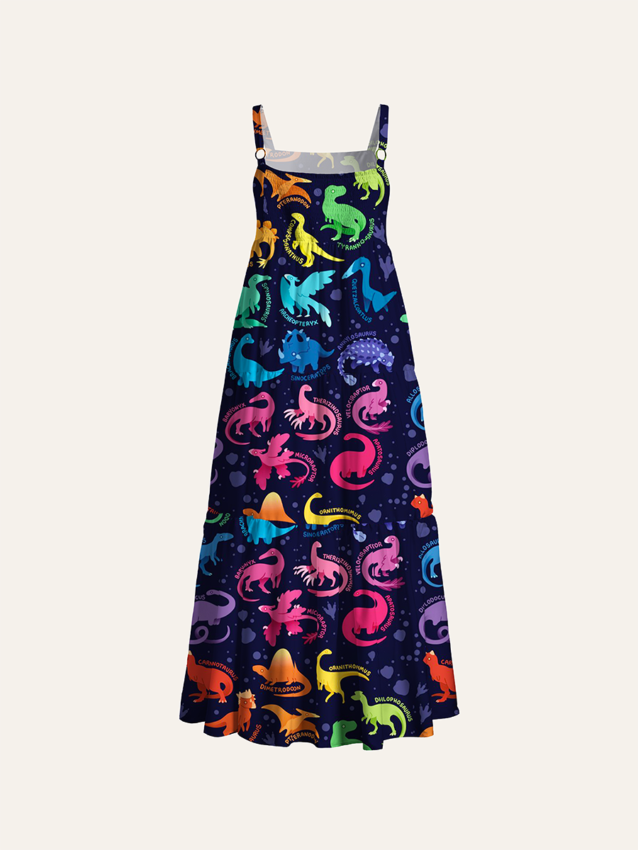 Colorful Cartoon Dinosaur Collection Adjustable Wide Straps Maxi Dress
