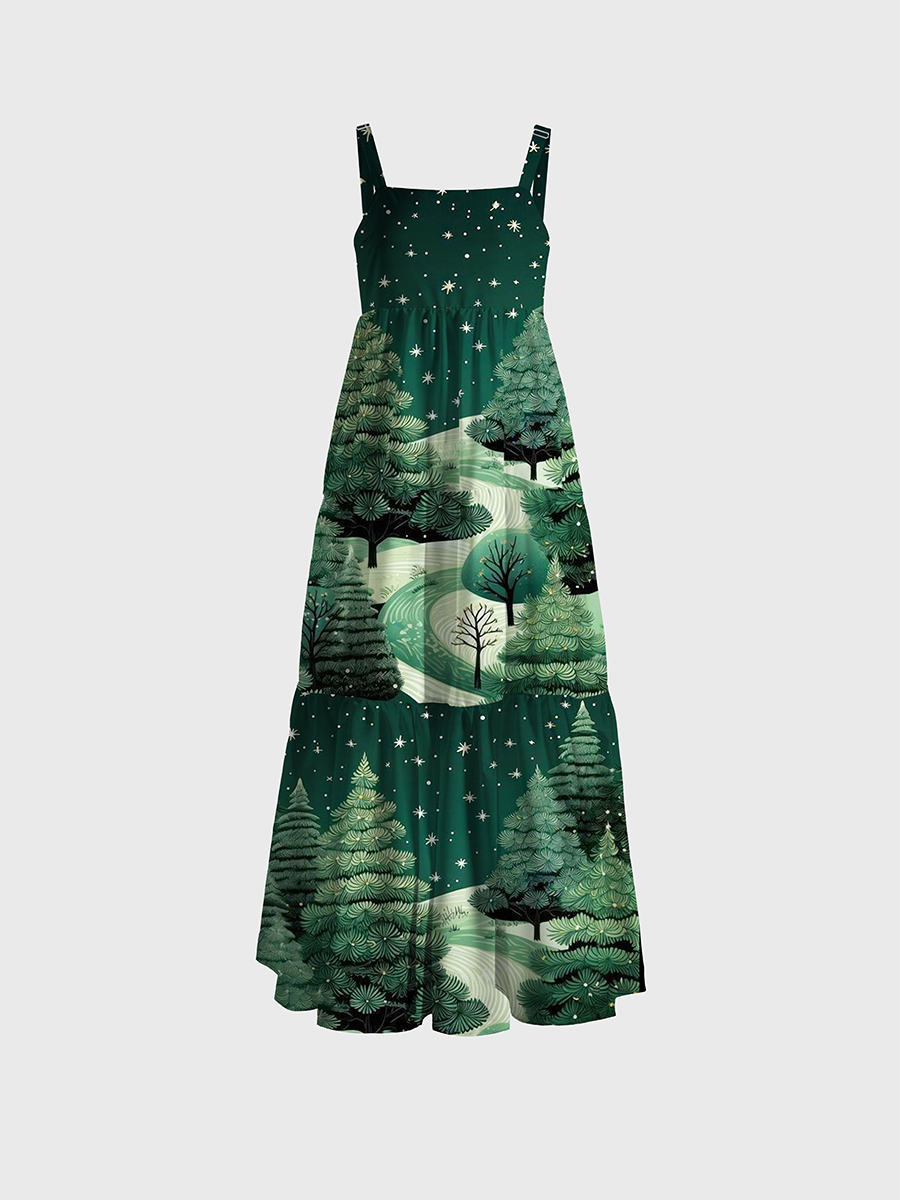 Night Snow Forest Pines Adjustable Wide Straps Maxi Dress