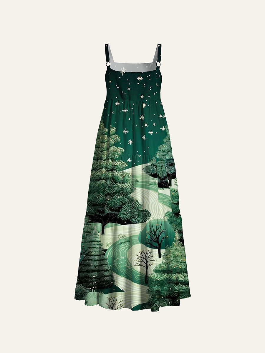 Night Snow Forest Pines Adjustable Wide Straps Maxi Dress