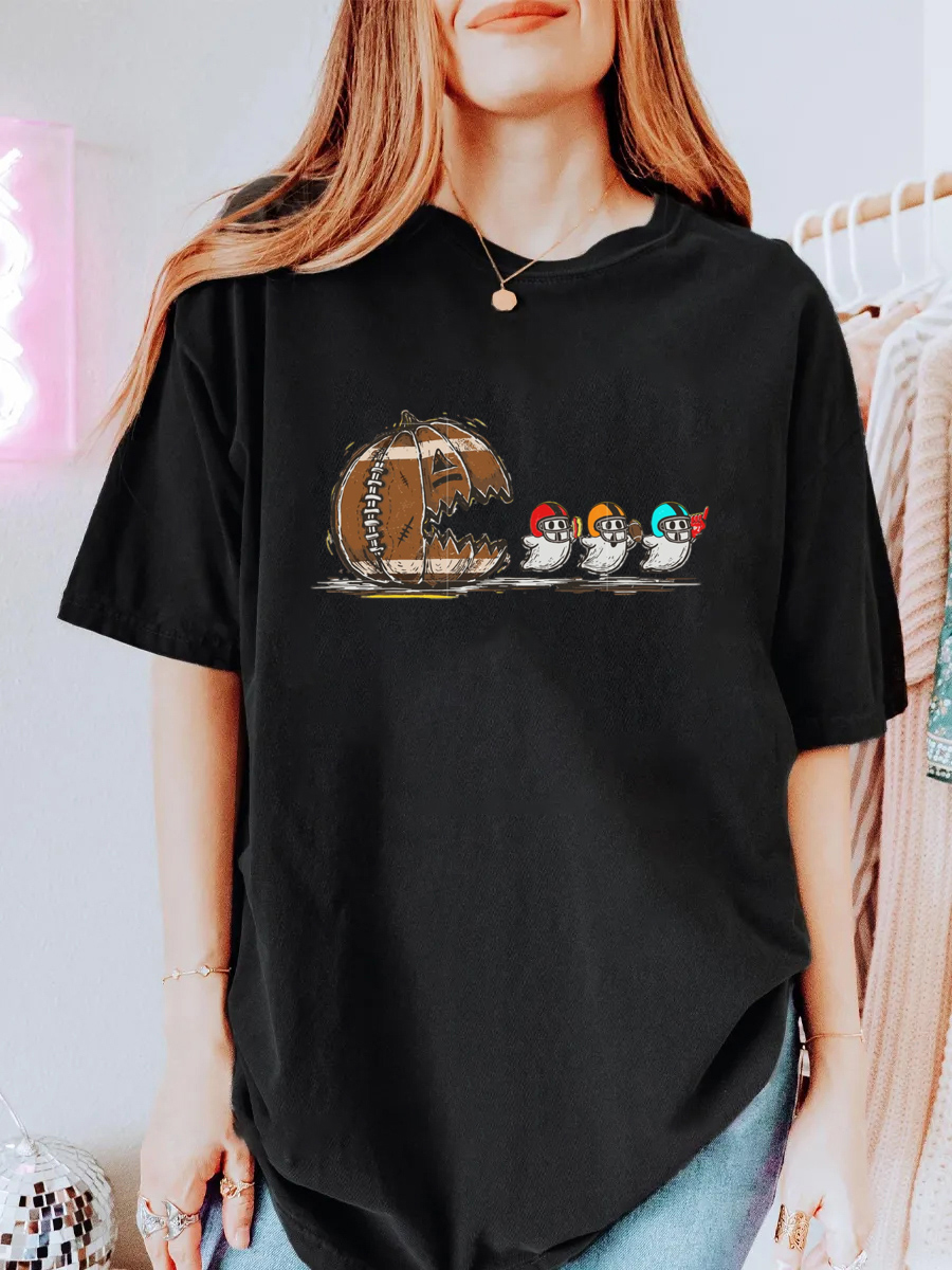 Vintage Pumpkin Eating Ghost Football Oversize Graphic Tee