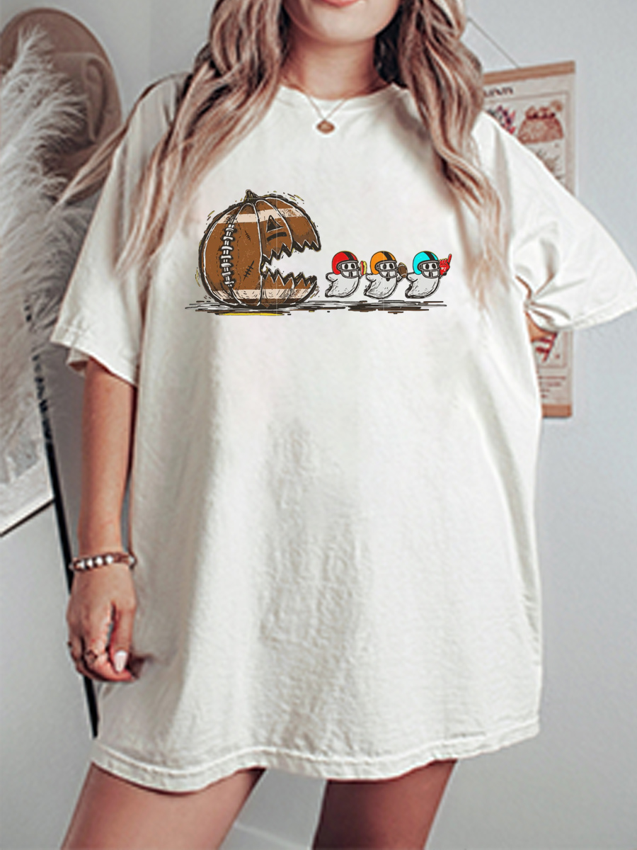 Vintage Pumpkin Eating Ghost Football Oversize Graphic Tee