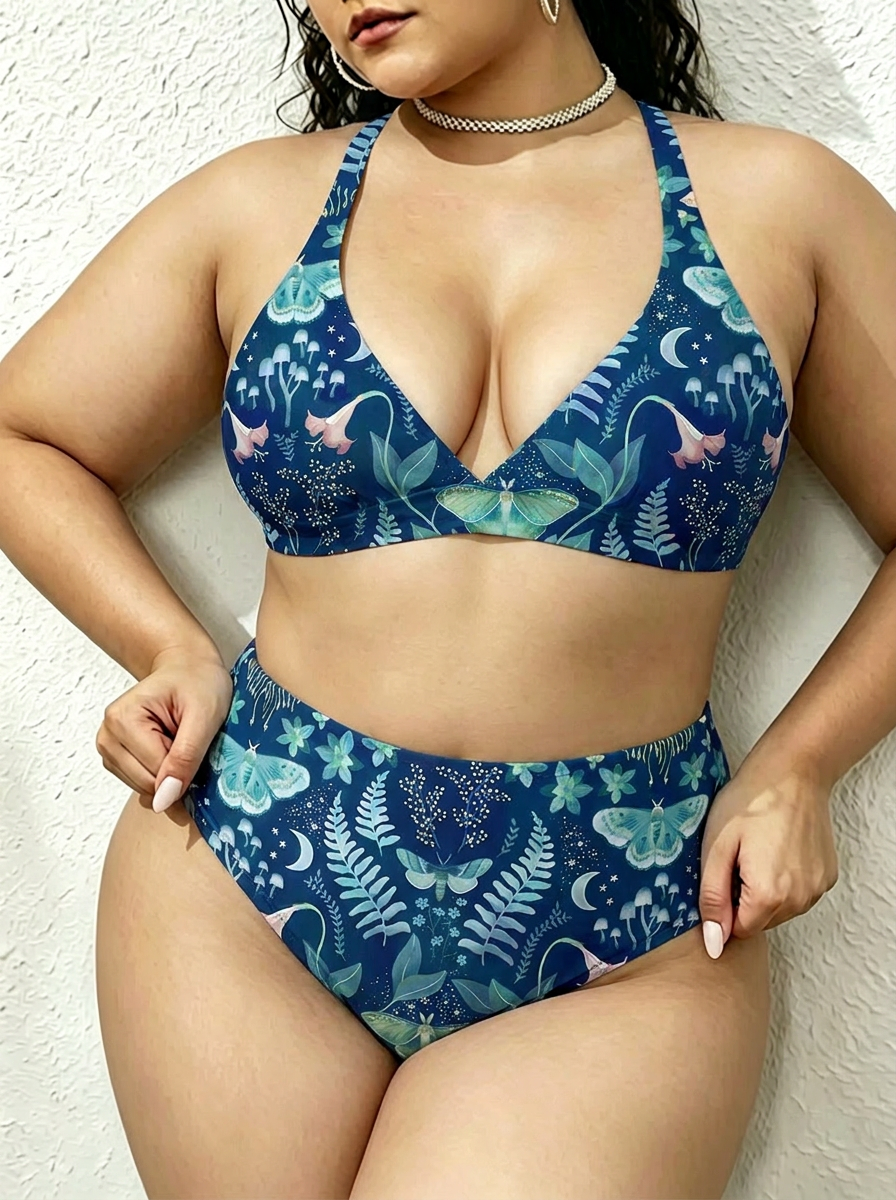 Vintage Celestial Night Garden Print Two Piece Ruffled Tankini Swimsuit
