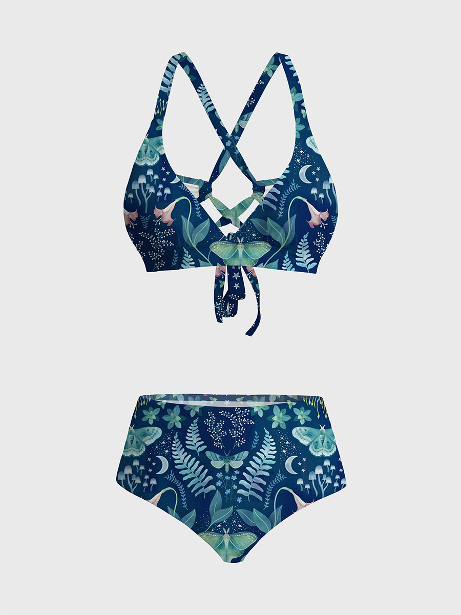 Vintage Celestial Night Garden Print Two Piece Ruffled Tankini Swimsuit