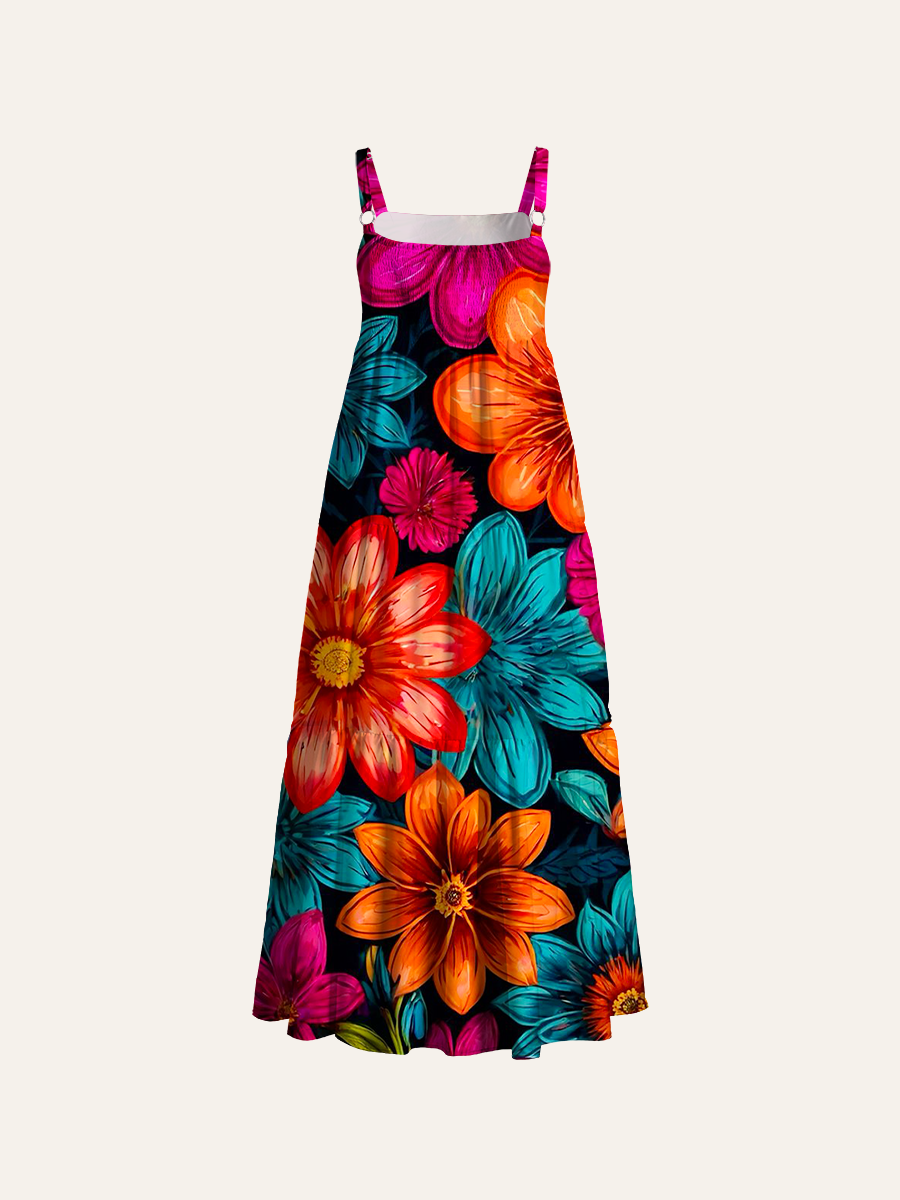 Bold Bright Flower Pattern Adjustable Wide Straps Maxi Dress