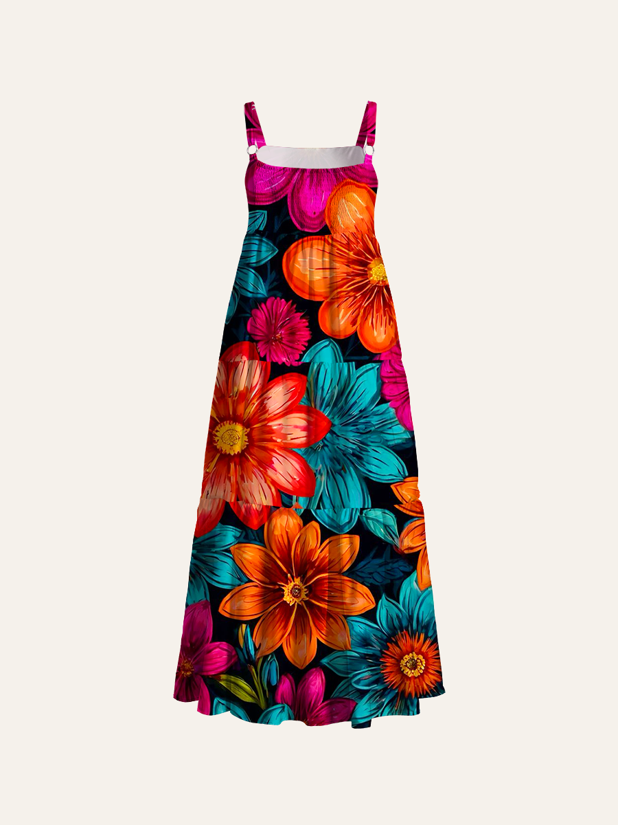 Bold Bright Flower Pattern Adjustable Wide Straps Maxi Dress