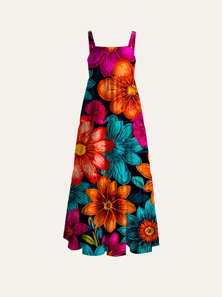 Bold Bright Flower Pattern Adjustable Wide Straps Maxi Dress