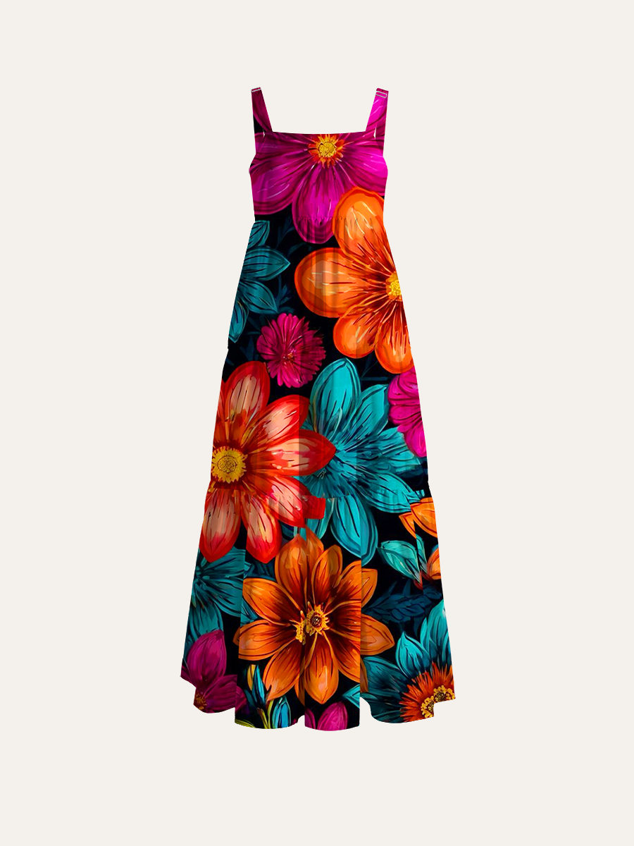 Bold Bright Flower Pattern Adjustable Wide Straps Maxi Dress