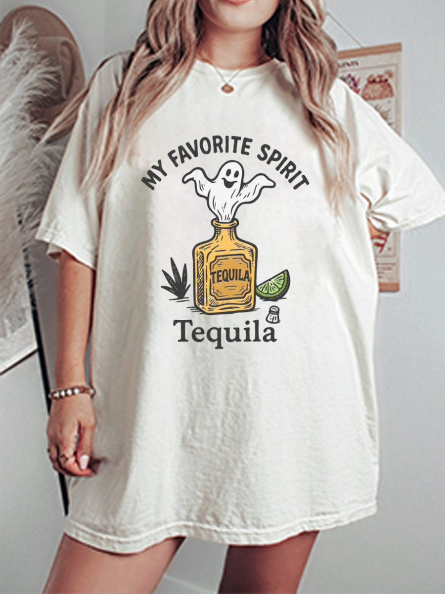 Vintage Tequila Spirit Art Halloween Ghost Oversize Graphic Tee