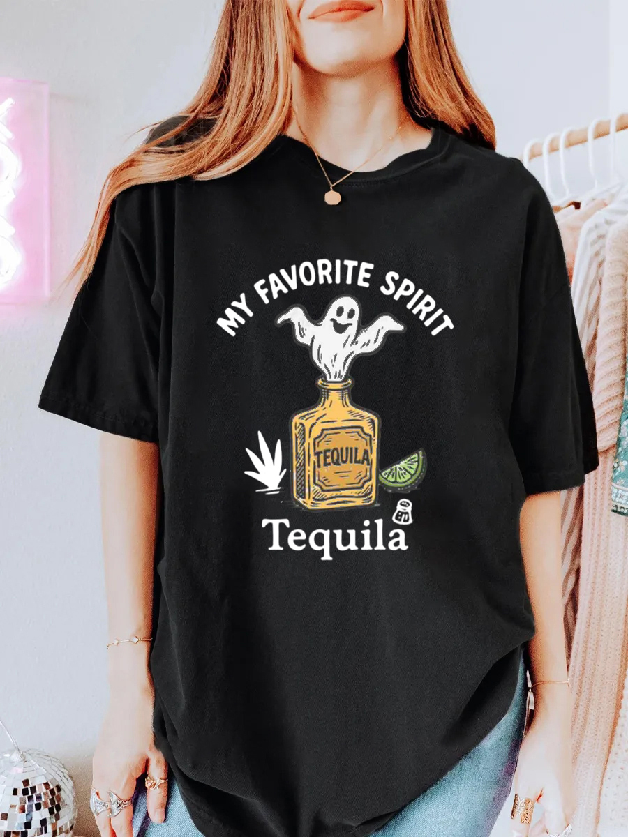 Vintage Tequila Spirit Art Halloween Ghost Oversize Graphic Tee