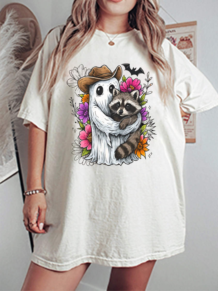 Vintage Halloween Ghost Raccoon Oversize Graphic Tee