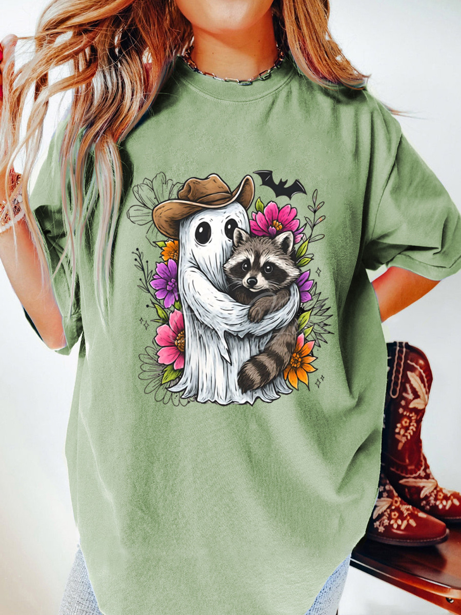 Vintage Halloween Ghost Raccoon Oversize Graphic Tee