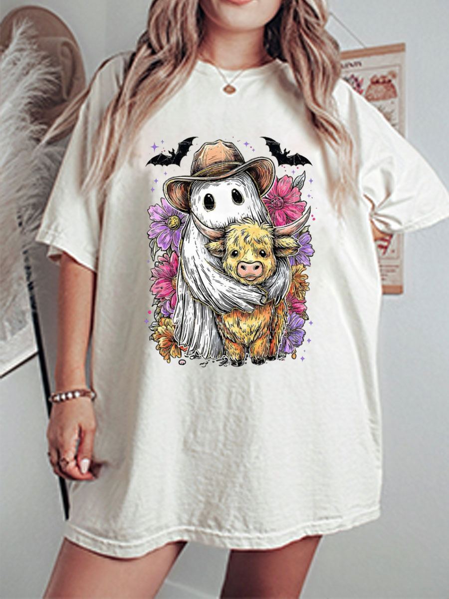 Vintage Cute Ghost And Highland Cow Oversize Graphic Tee
