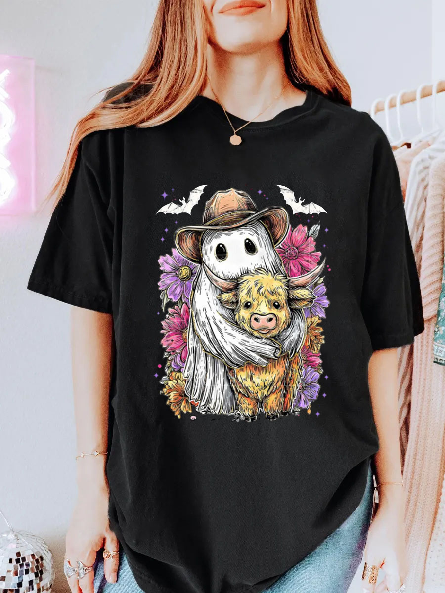 Vintage Cute Ghost And Highland Cow Oversize Graphic Tee