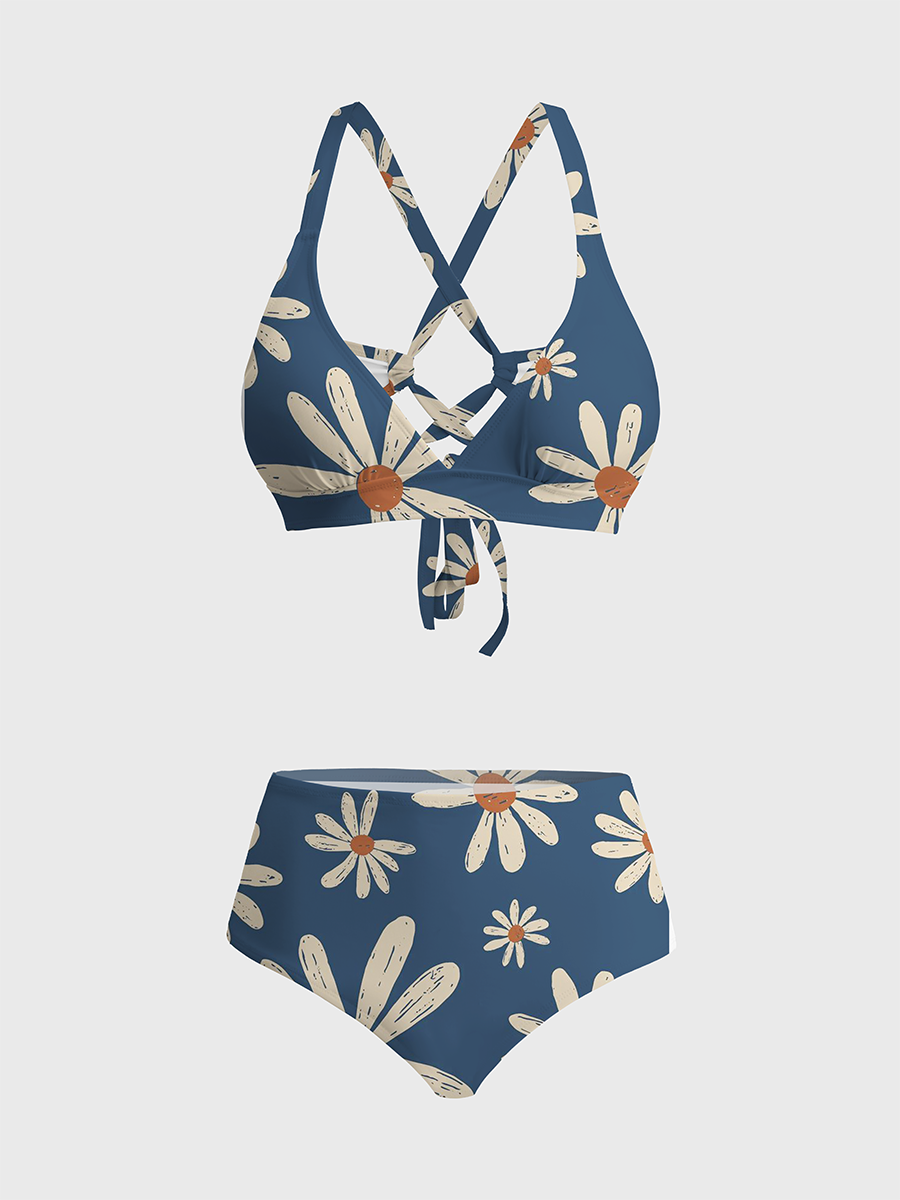 Vintage Boho Hand-Drawn Daisy Two Piece Ruffled Tankini Swimsuit