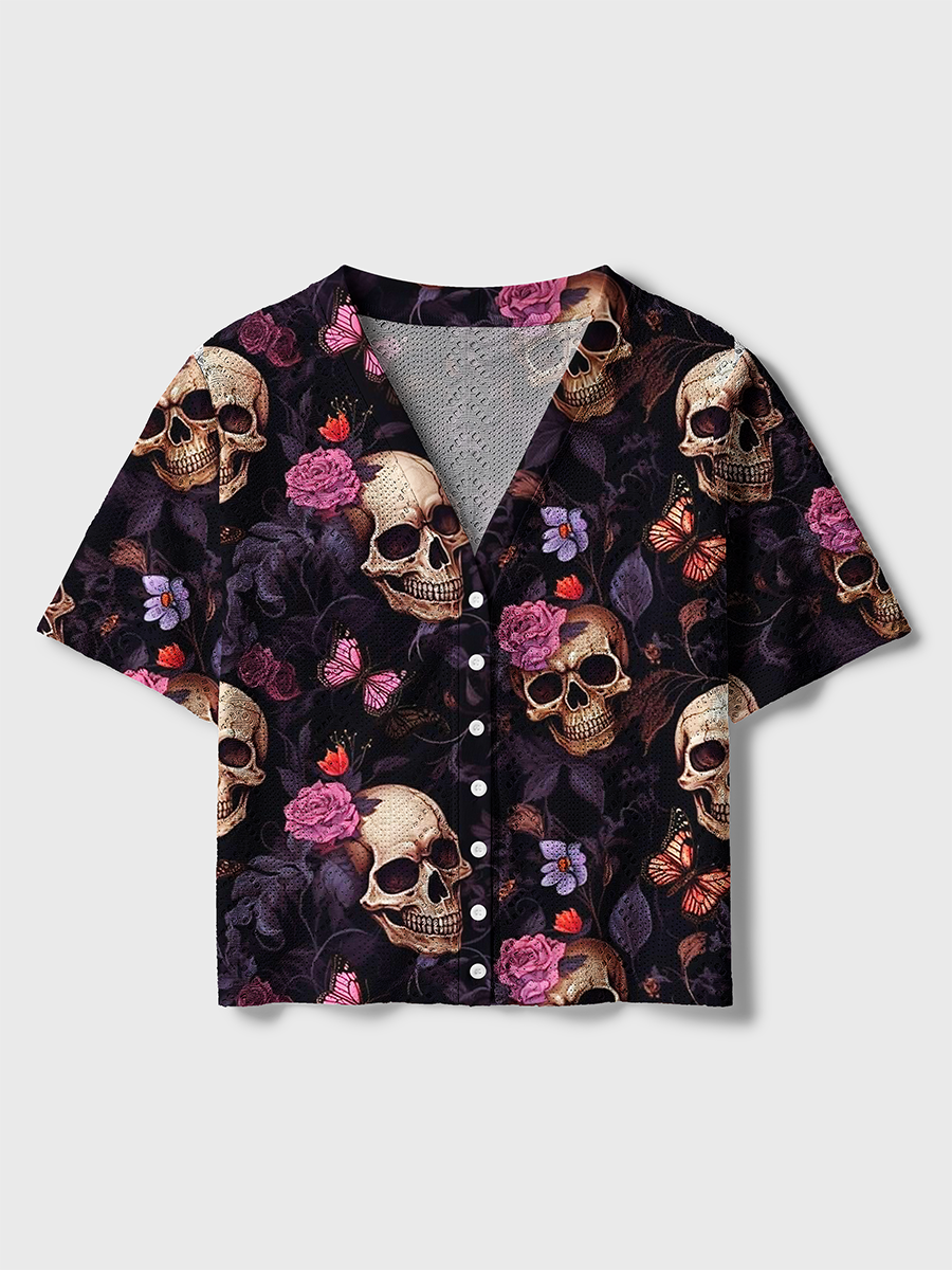 Realistic Skull Rose Butterfly Gothic Crochet Button Down Cardigan
