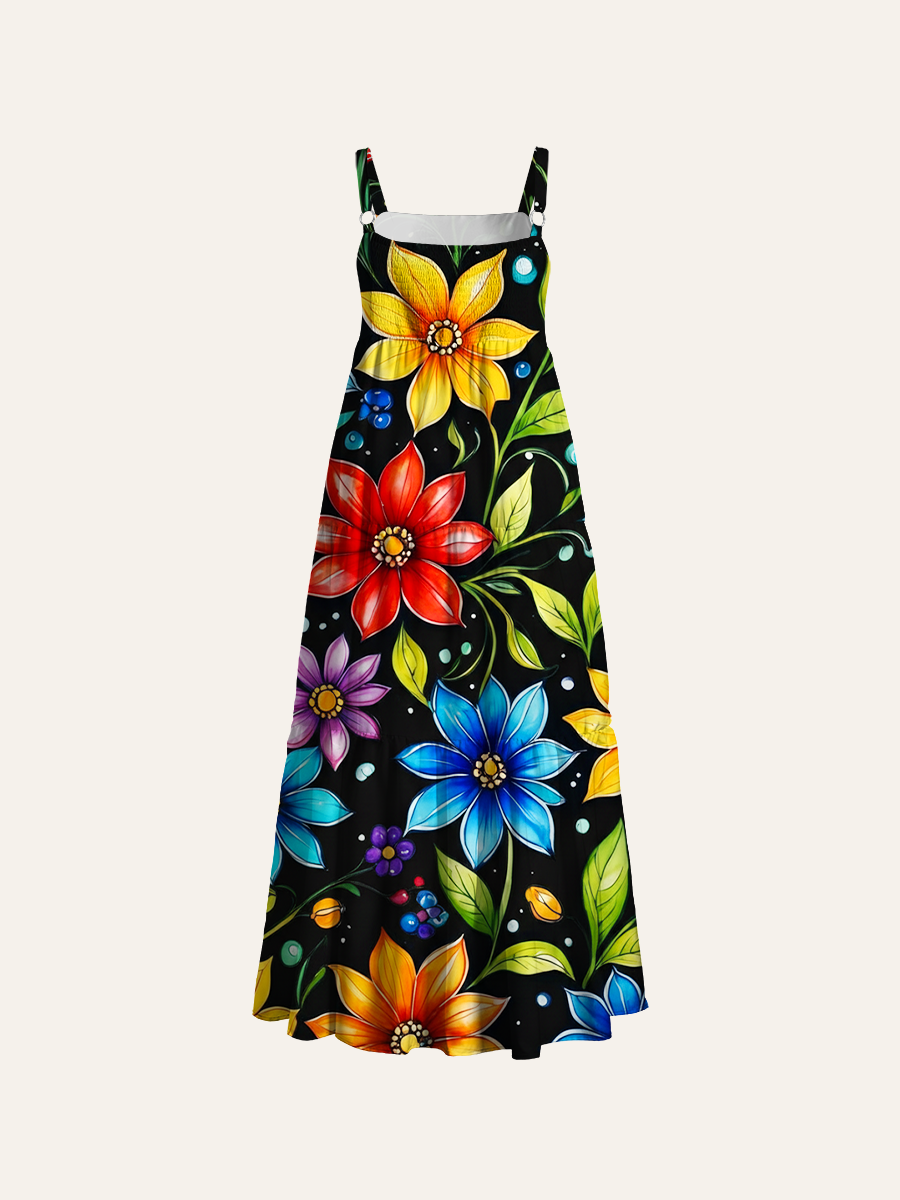 Whimsical Floral Pattern Adjustable Wide Straps Maxi Dress