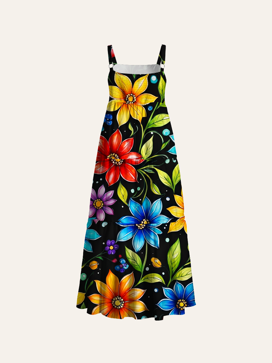 Whimsical Floral Pattern Adjustable Wide Straps Maxi Dress