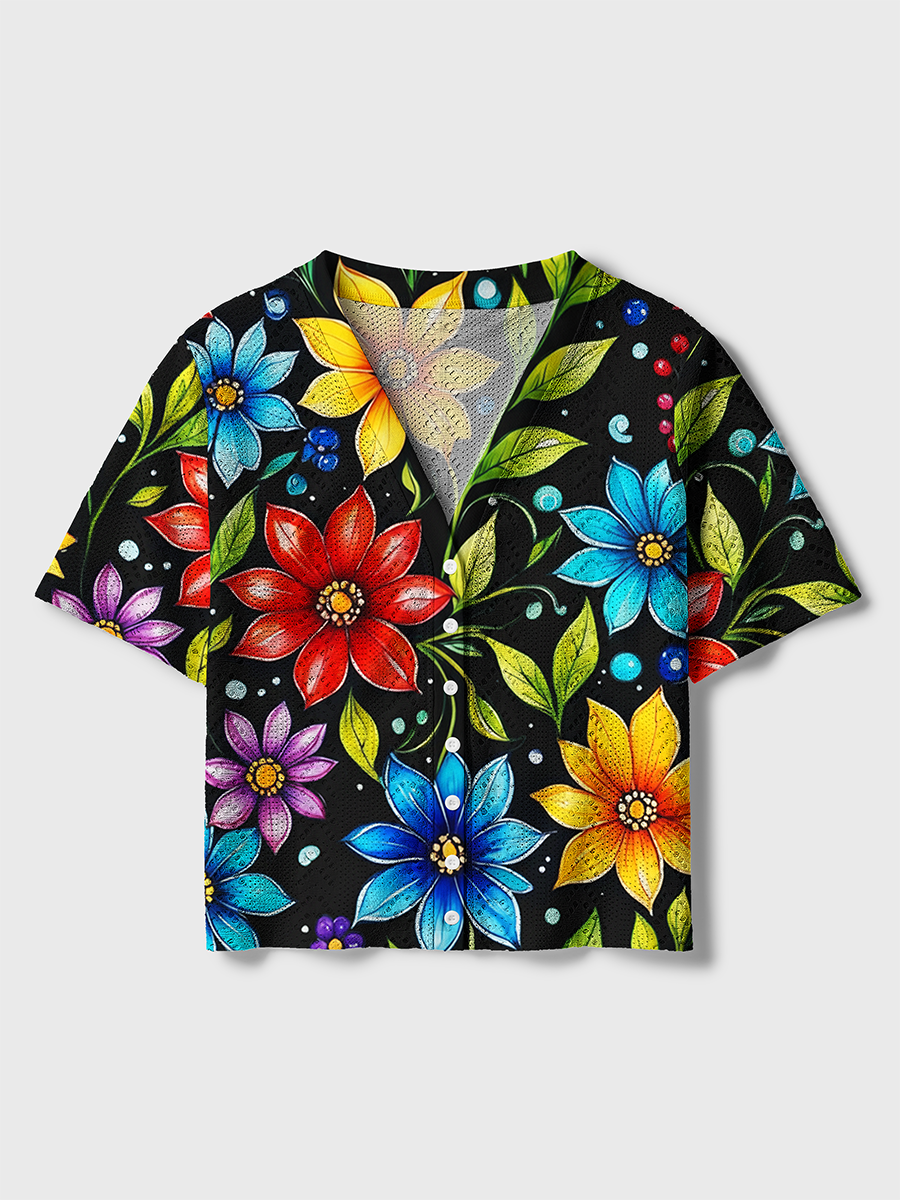 Whimsical Floral Pattern Crochet Button Down Cardigan