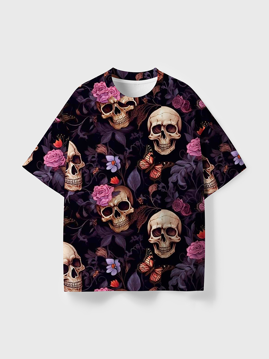 Vintage Realistic Skull Rose Butterfly Gothic All Over Print T-Shirt