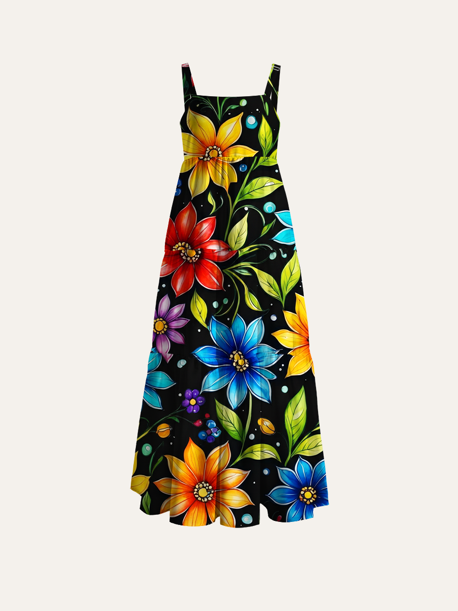 Whimsical Floral Pattern Adjustable Wide Straps Maxi Dress