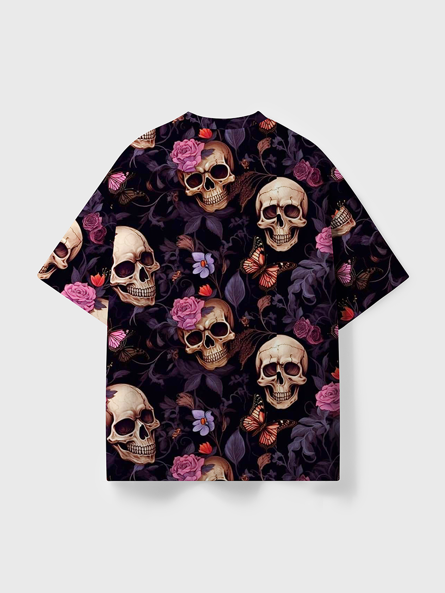 Vintage Realistic Skull Rose Butterfly Gothic All Over Print T-Shirt