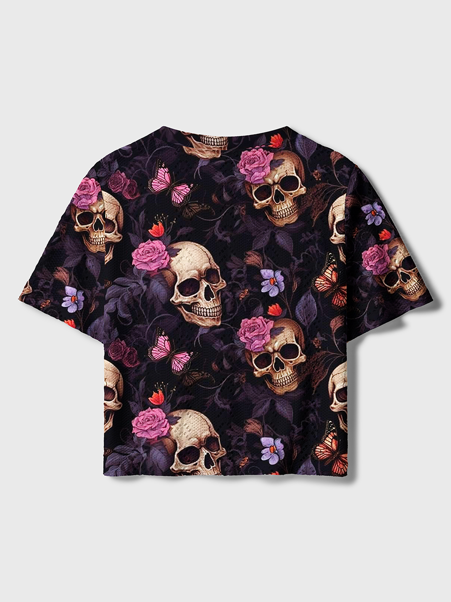 Realistic Skull Rose Butterfly Gothic Crochet Button Down Cardigan
