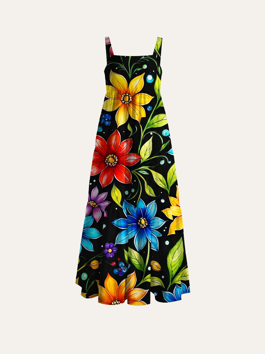 Whimsical Floral Pattern Adjustable Wide Straps Maxi Dress