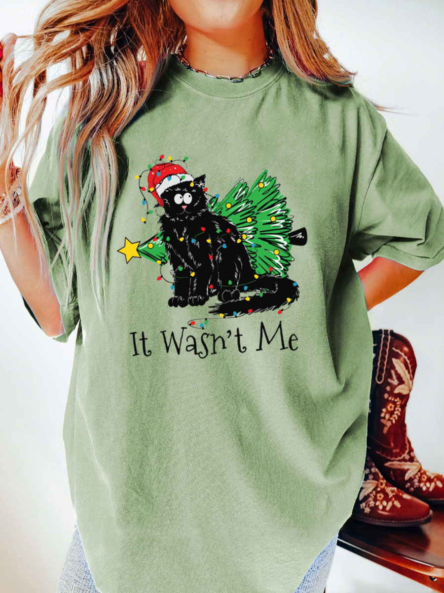 Vintage Christmas Black Cat It Wasnt Me Oversize Graphic Tee