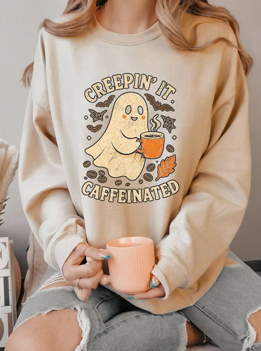 Vintage Creepin It Caffeinated Oversize Graphic Sweatshirt