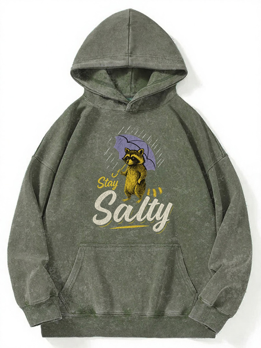 Vintage Stay Salty Funny Raccoon Washed Hoodie