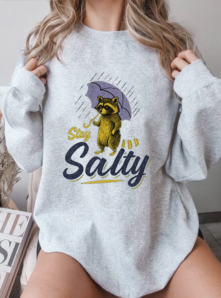 Vintage Stay Salty Funny Raccoon Oversize Graphic Sweatshirt