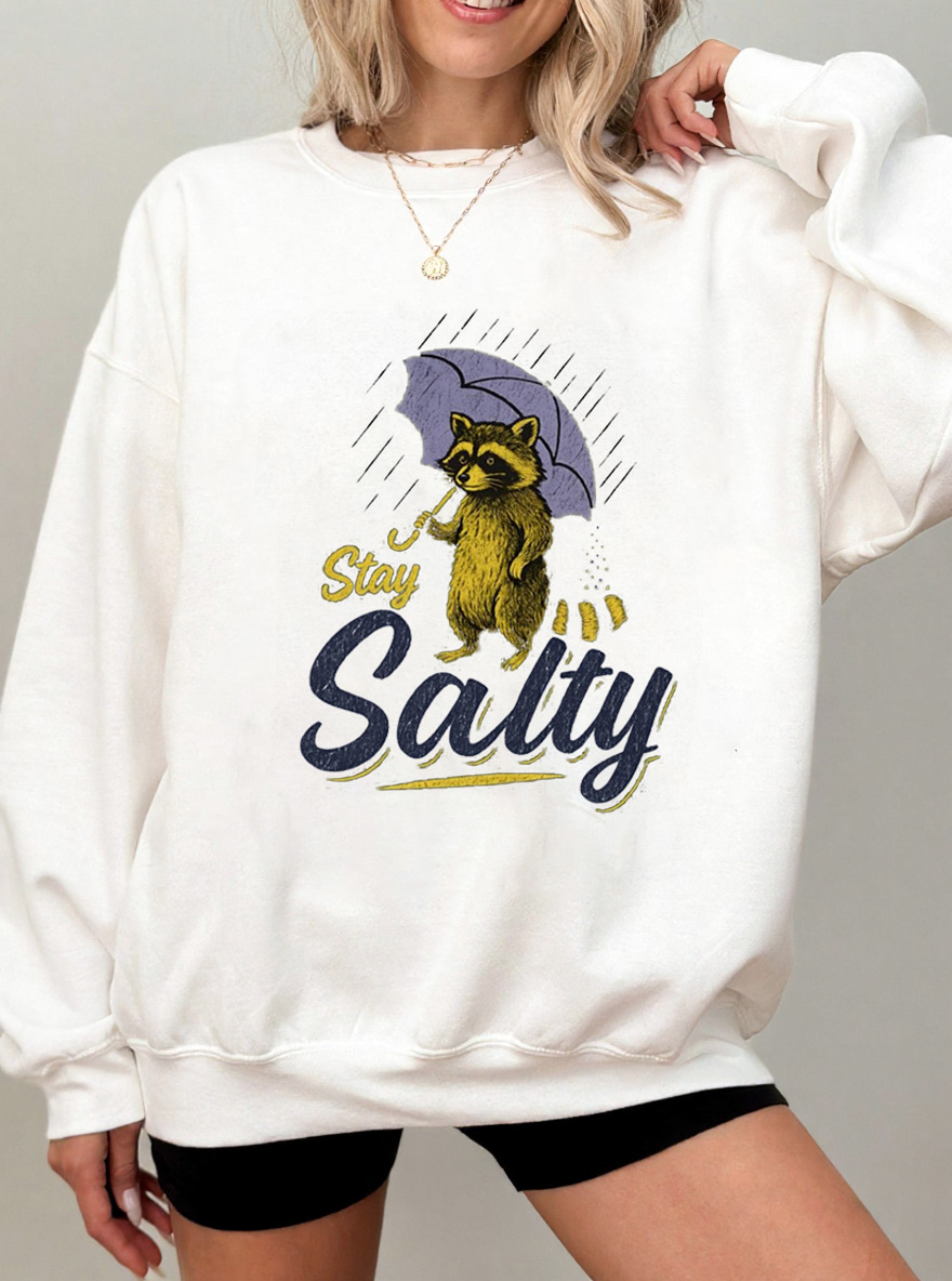 Vintage Stay Salty Funny Raccoon Oversize Graphic Sweatshirt