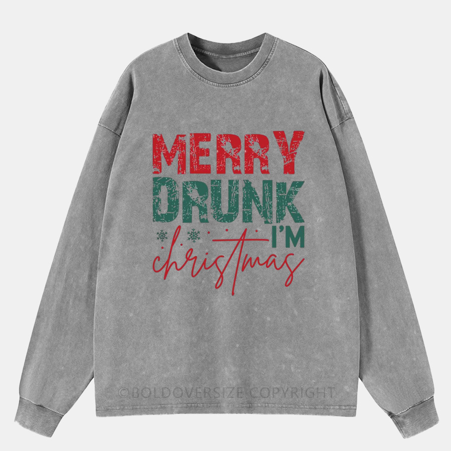 Vintage Merry Drunk I'M Christmas Washed Long Sleeve Shirt