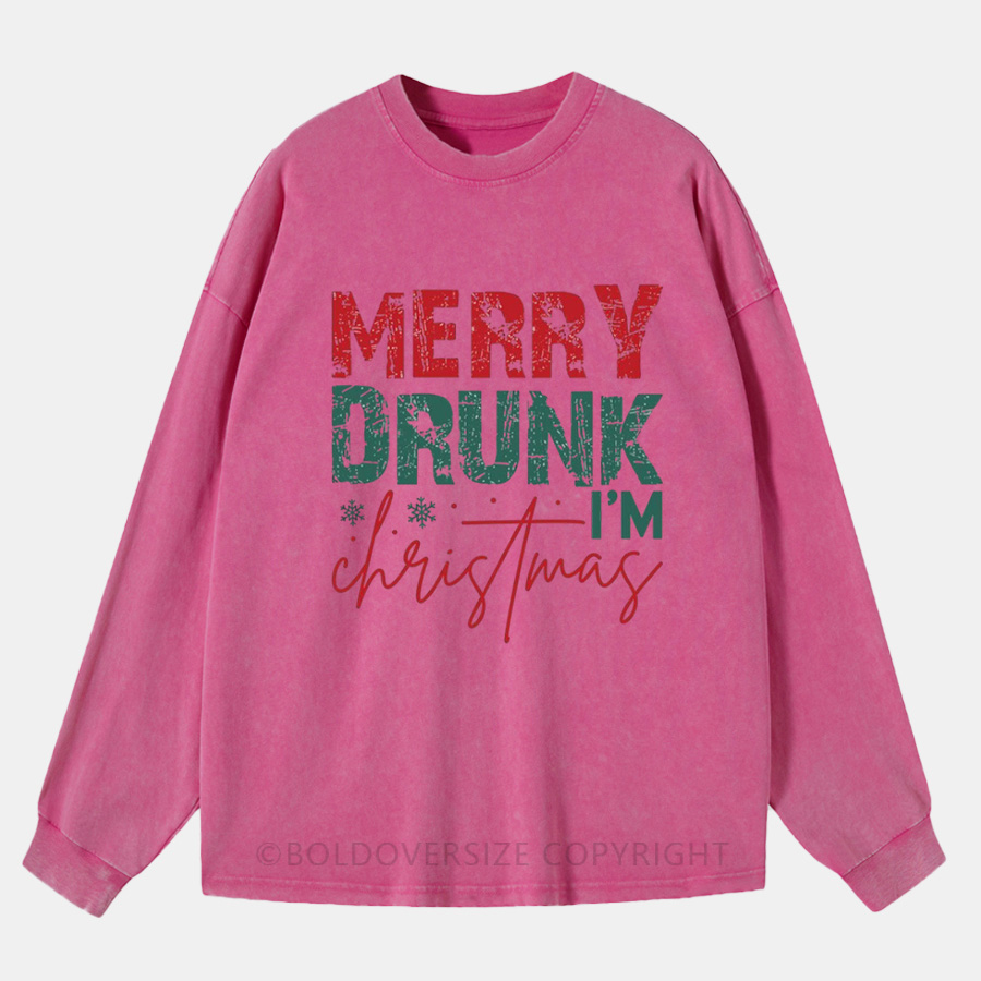 Vintage Merry Drunk I'M Christmas Washed Long Sleeve Shirt