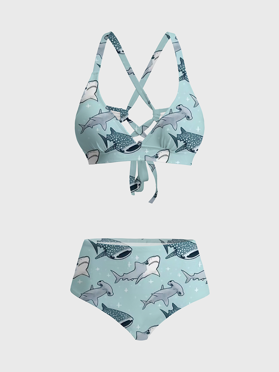 Vintage Whale Shark Two Piece Ruffled Tankini Swimsuit