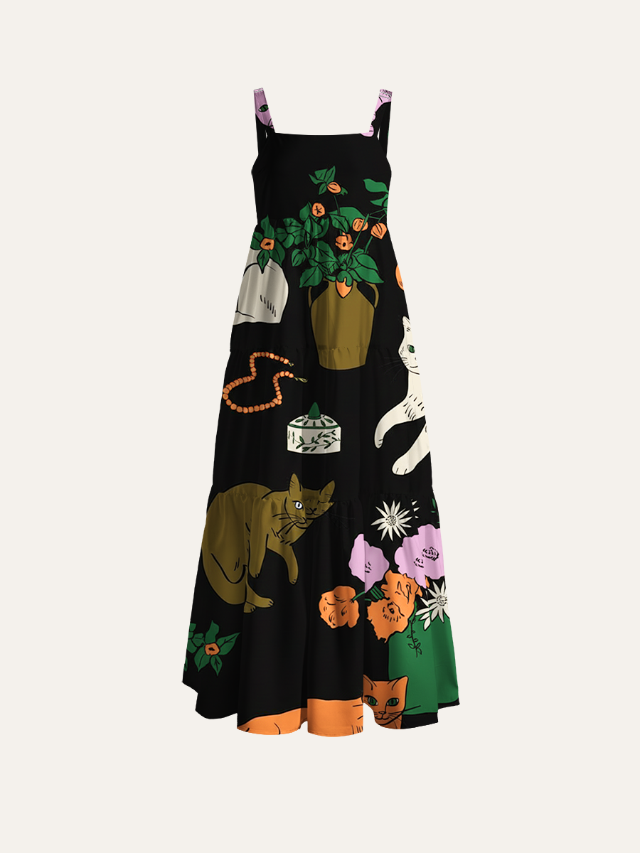 Retro Cat Adjustable Wide Straps Maxi Dress