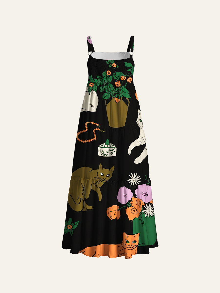 Retro Cat Adjustable Wide Straps Maxi Dress