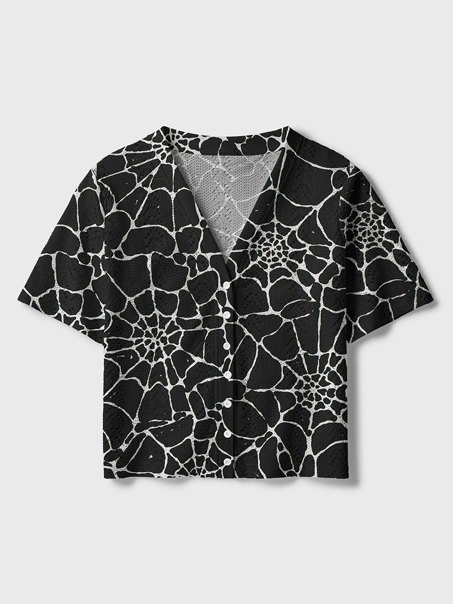 Minimal Spider Web Line Art Halloween Crochet Button Down Cardigan