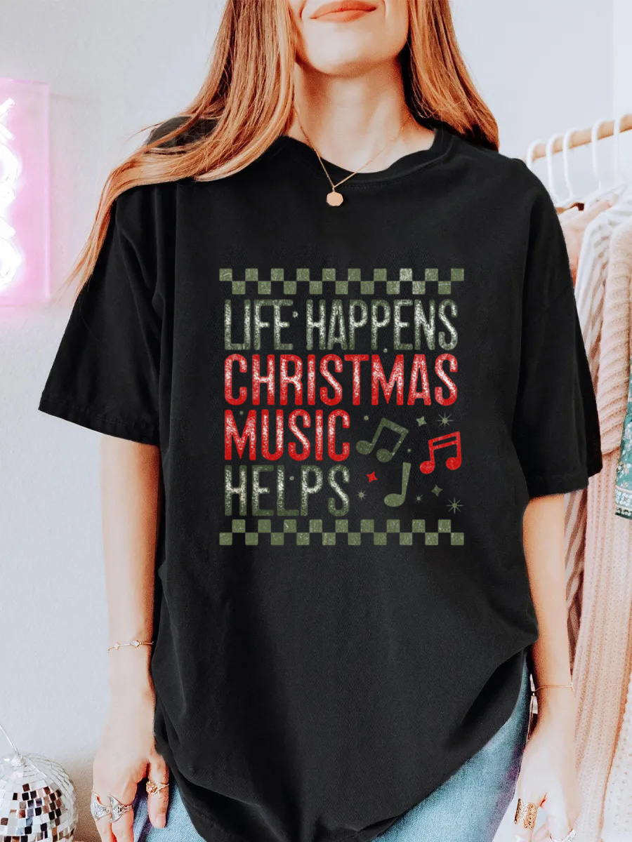 Vintage Life Happens Christmas Music Helps Oversize Graphic Tee