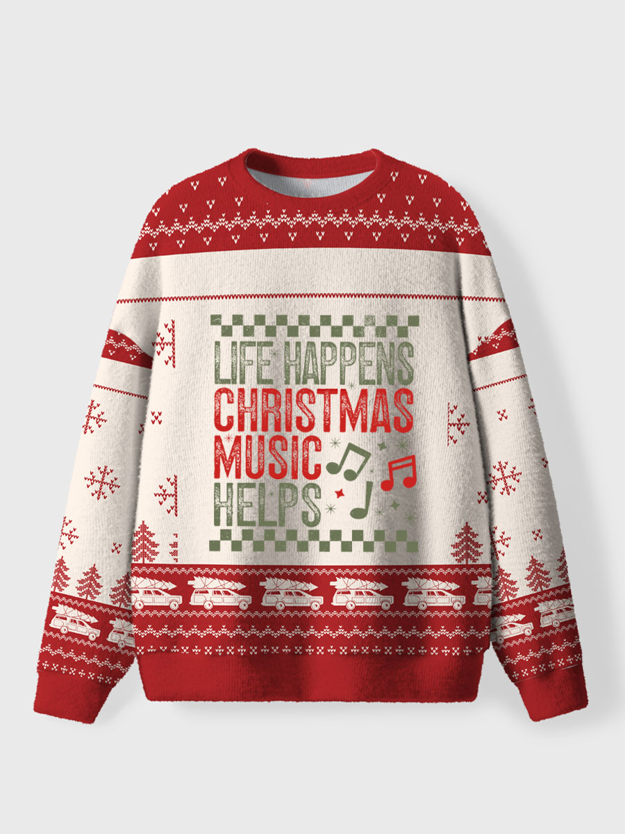Vintage Life Happens Christmas Music Helps Ugly Sweater