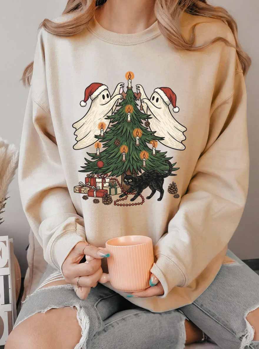 Vintage Christmas Tree Ghost Oversize Graphic Sweatshirt