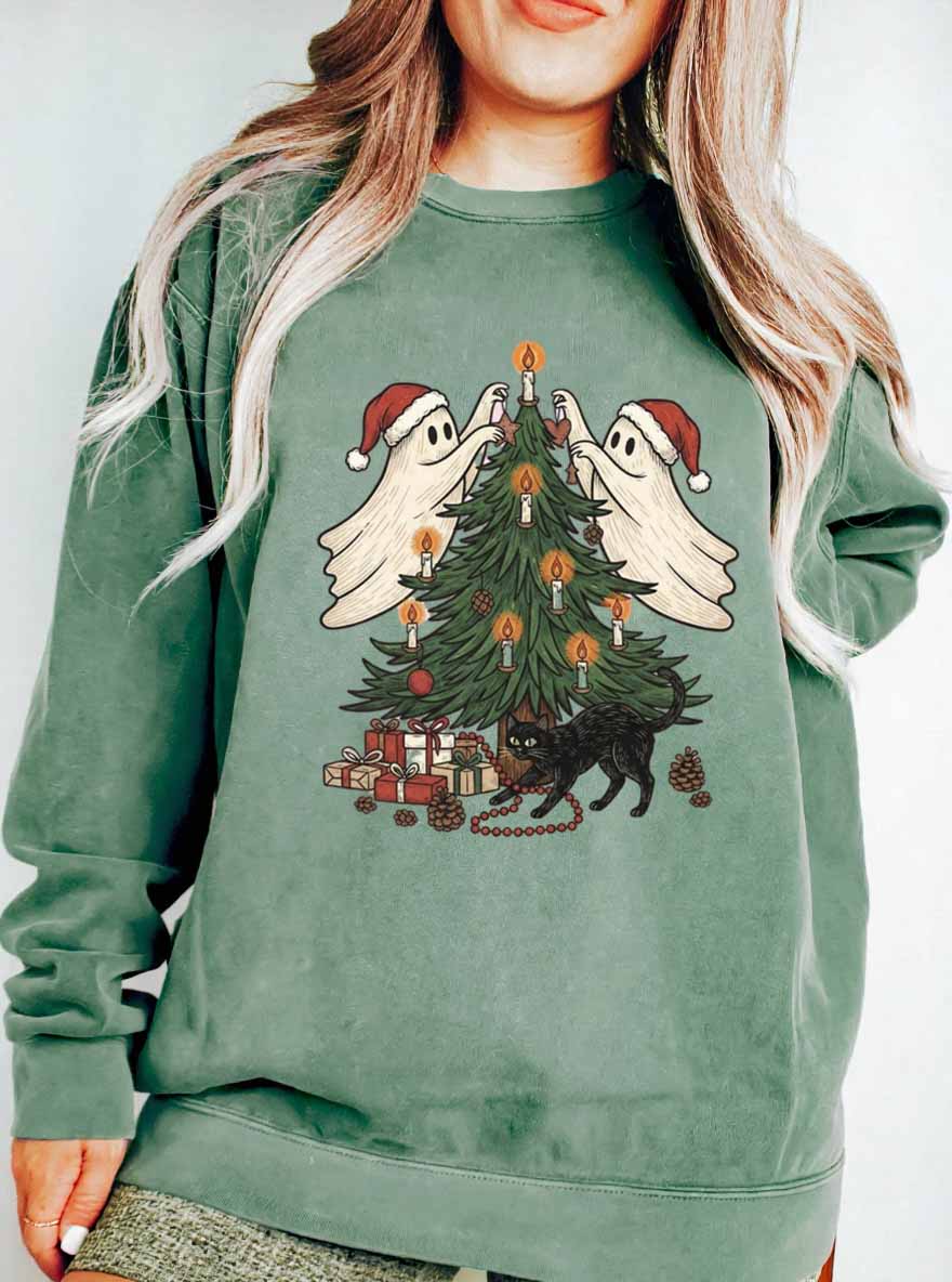 Vintage Christmas Tree Ghost Oversize Graphic Sweatshirt